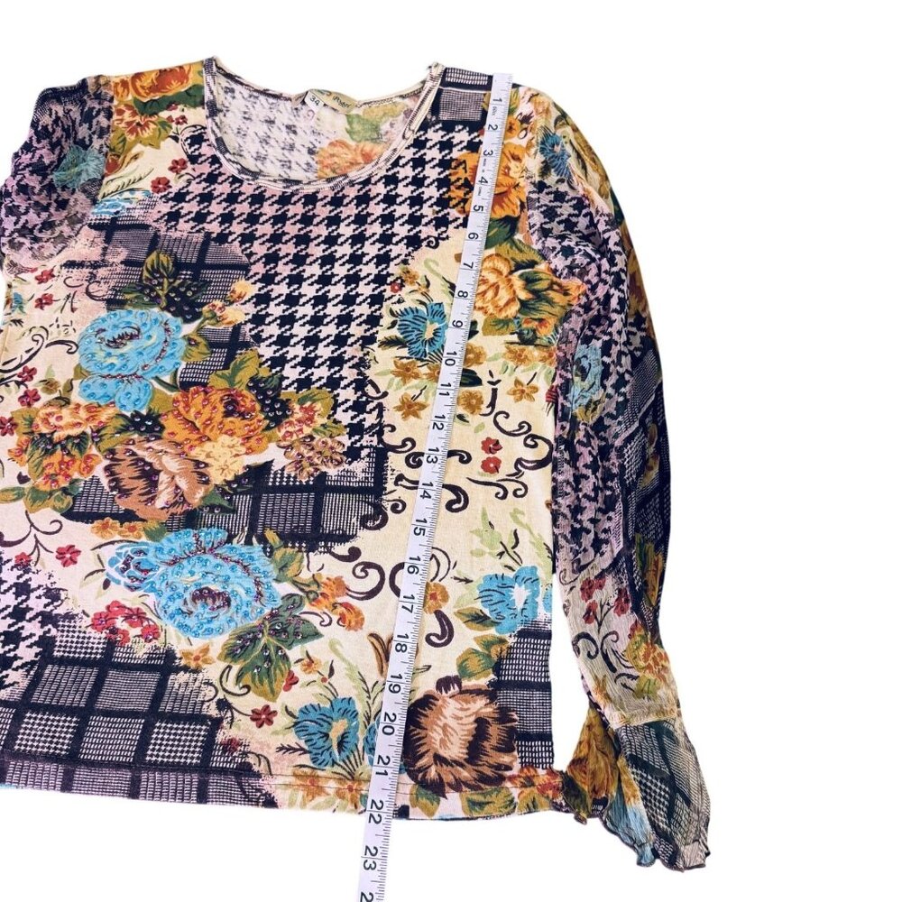 Paola Poggi Italy Womens Patchwork Floral Houndstooth Mesh Top Ruffle Sleeves 34 - Picture 6 of 7